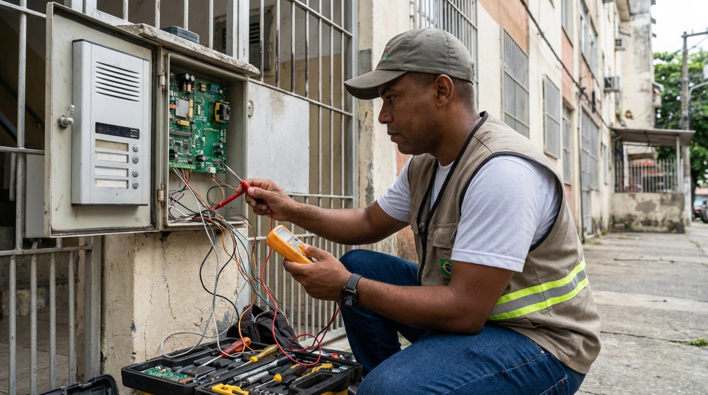 Eletricista consertando interfone em Belém‑PA