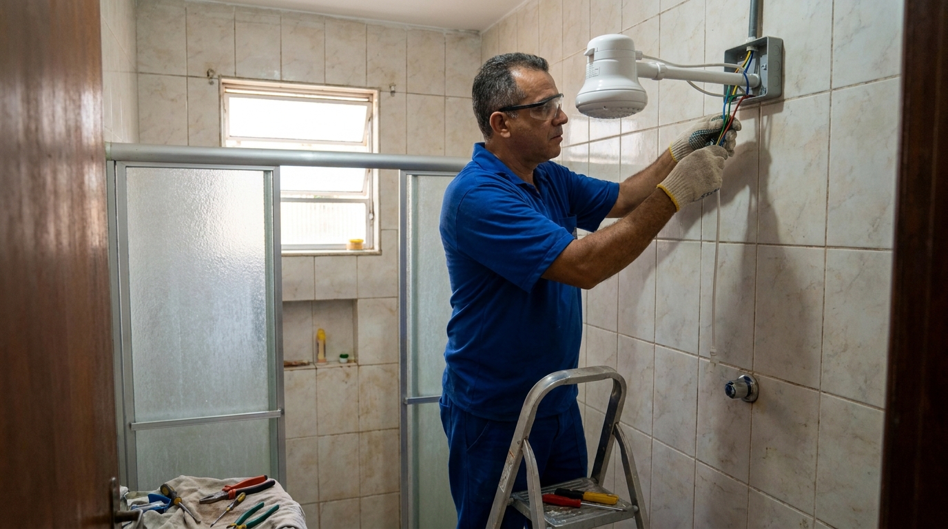 Eletricista instalando chuveiro eletrico em Belém‑PA